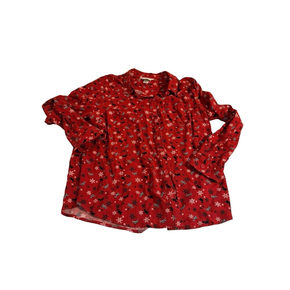Christopher & Banks Scottish Terrier Snowflake All Over Button Shirt Size Large